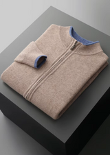 PURE EXTRA-FINE MERINO WOOL TWO-TONE ZIP CARDIGAN