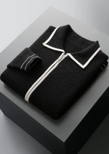 PURE EXTRA-FINE MERINO WOOL TWO-TONE POLO CARDIGAN