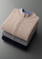 PURE EXTRA-FINE MERINO WOOL TWO-TONE ZIP CARDIGAN