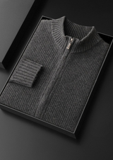 PURE CASHMERE DARK GRAY RIBBED ZIP CARDIGAN