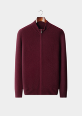 PURE CASHMERE BURGUNDY RIBBED ZIP CARDIGAN