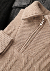 PURE CASHMERE BEIGE CABLE HALF ZIP SWEATER