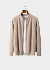 PURE EXTRA-FINE MERINO WOOL RIBBED ZIP CARDIGAN