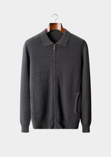 PURE EXTRA-FINE MERINO WOOL RIBBED POLO CARDIGAN