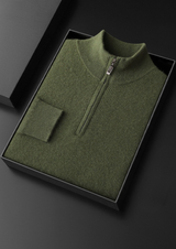 PURE CASHMERE OLIVE RIBBED HALF ZIP