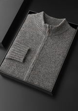 PURE CASHMERE GRAY RIBBED ZIP CARDIGAN