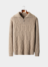 PURE CASHMERE BEIGE CABLE HALF ZIP SWEATER