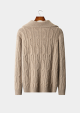 PURE CASHMERE BEIGE CABLE HALF ZIP SWEATER