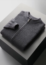PURE EXTRA-FINE MERINO WOOL RIBBED ZIP CARDIGAN